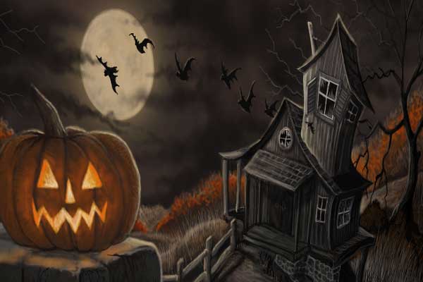 летучие мыши на фоне луны, тыква, Хэллоуин