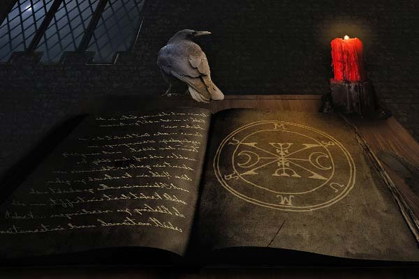 магическая книга, ворон и луна