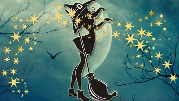 силуэт ведьмы на фоне Луны