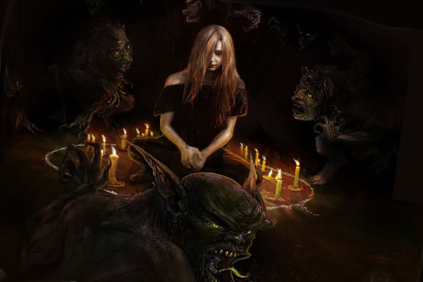 ведьма колдует и чёрт