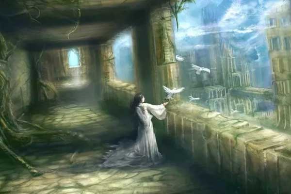 девушка на каменном балконе выпускает голубей