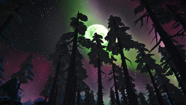 северное сияние в лесу, полнолуние