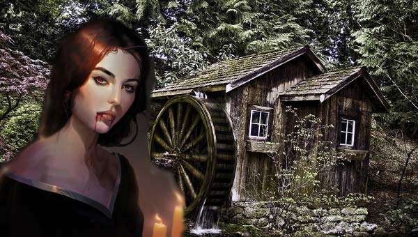 девушка вампир на фоне мельницы