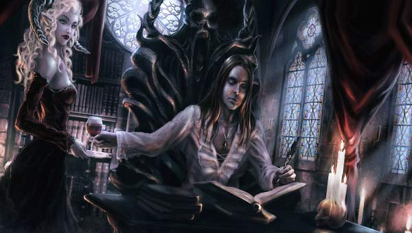 готическая картинка: демоница и вампир