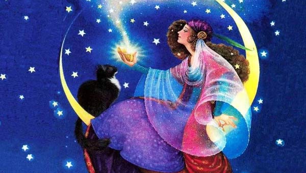 девушка эльф и кошка на фоне Луны