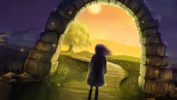 девочка перед каменными вратами