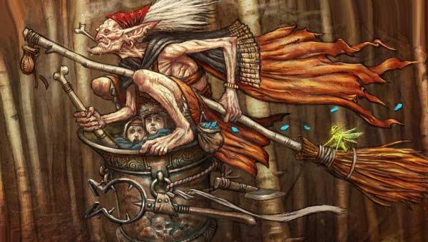 ведьма летит в ступе и несет детей