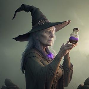 ведьма держит пузырек с ядом
