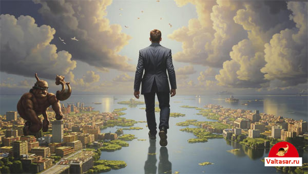 человек шагает по материальному миру