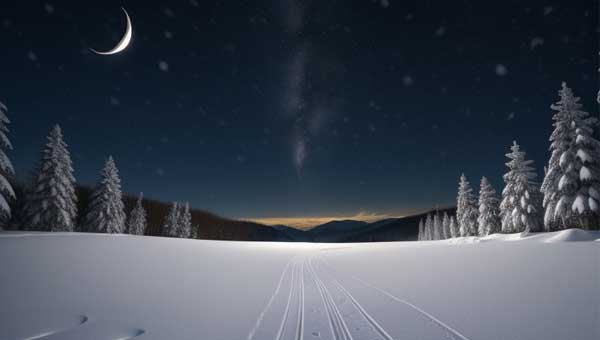 молодой месяц над заснеженным лесом