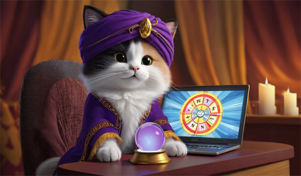 кот с магическим шаром и ноутбуком гадает