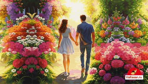 парень и девушка гуляют в саду