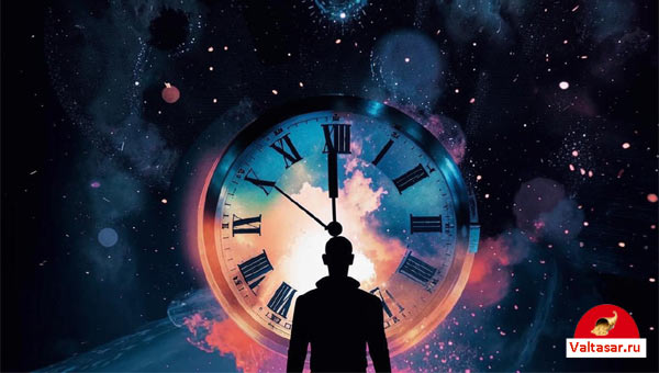 силуэт человека и часы во Вселенной