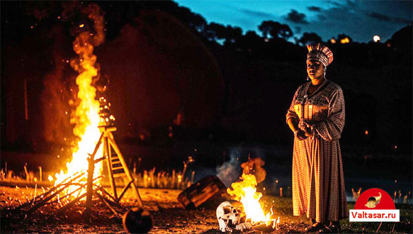 жрица вуду проводит обряд у костра