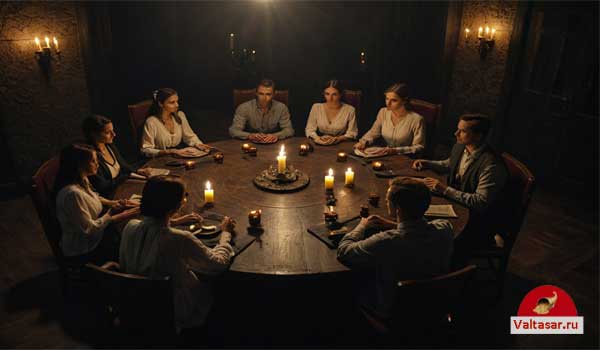 люди за столом проводят спиритический сеанс