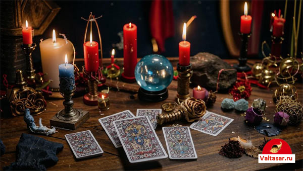 хрустальный шар, свечи, карты для гадания