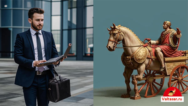 современный мужчина и древний римлянин в колеснице
