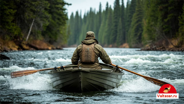 охотник на лодке спускается по реке
