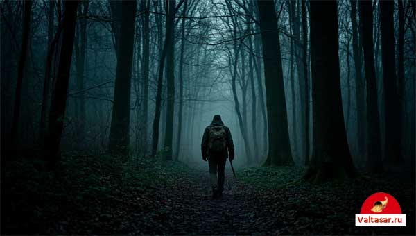 Охотник в мрачном, мистическом лесу