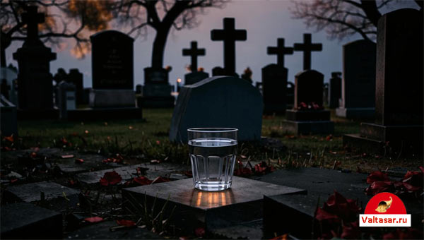ночь, стакан с водой на могиле