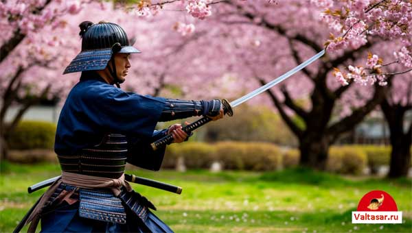 самурай тренируется в саду с цветущей сакурой