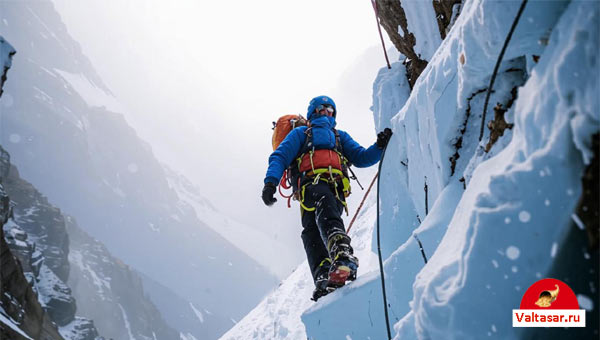 альпинист взбирается в горы