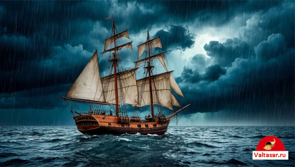 старинный парусник в море, шторм