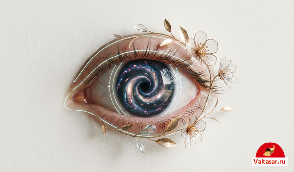 Распахнутый человеческий глаз в обрамлении веточки с цветами