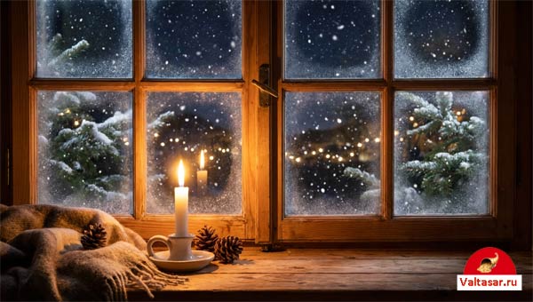 морозная ночь за окном, на подоконнике свеча