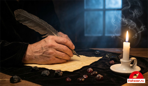 Человек пишет пером записку с пожеланиями