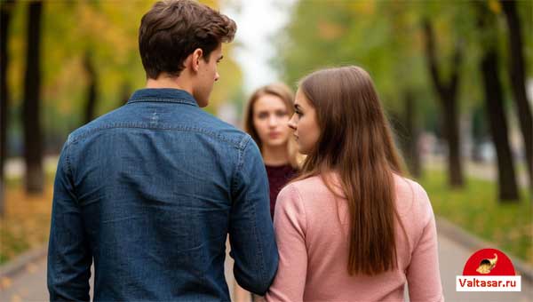 парень гуляет с девушкой, но смотрит на другую