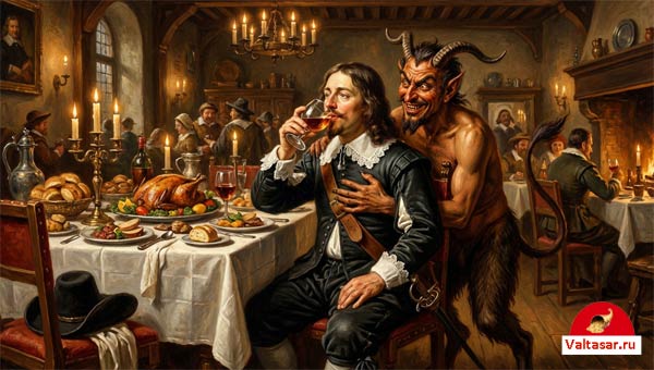 мужчина пьет за столом и его обнимает черт