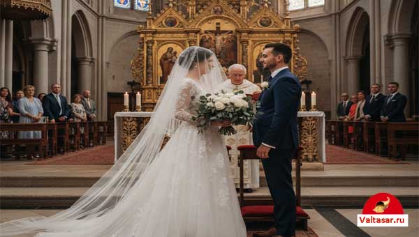 венчание, жених и невеста перед алтарем