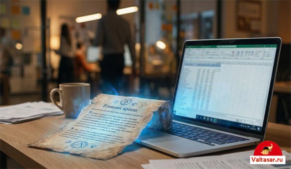 ноутбук с программой Excel и свиток со старинным заговором