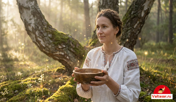 женщина в славянской одежде держит чашу с водой