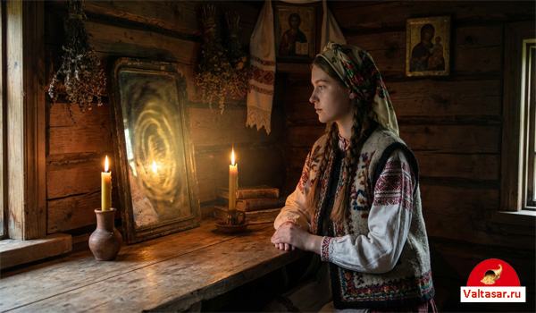 славянская девушка сидит в горнице перед зеркалом