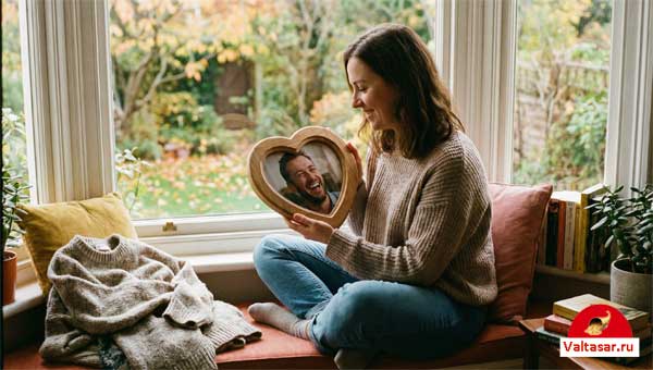 девушка сидит на окне и держит фоторамку с фото любимого мужчины