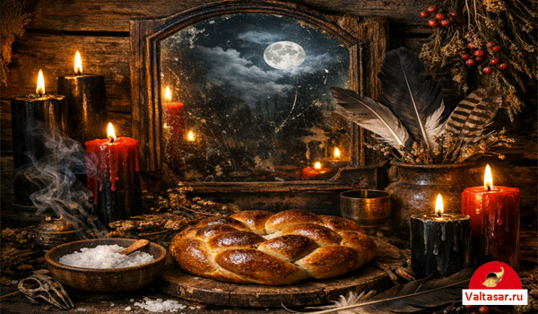 каравай (хлеб), соль, перья и свечи